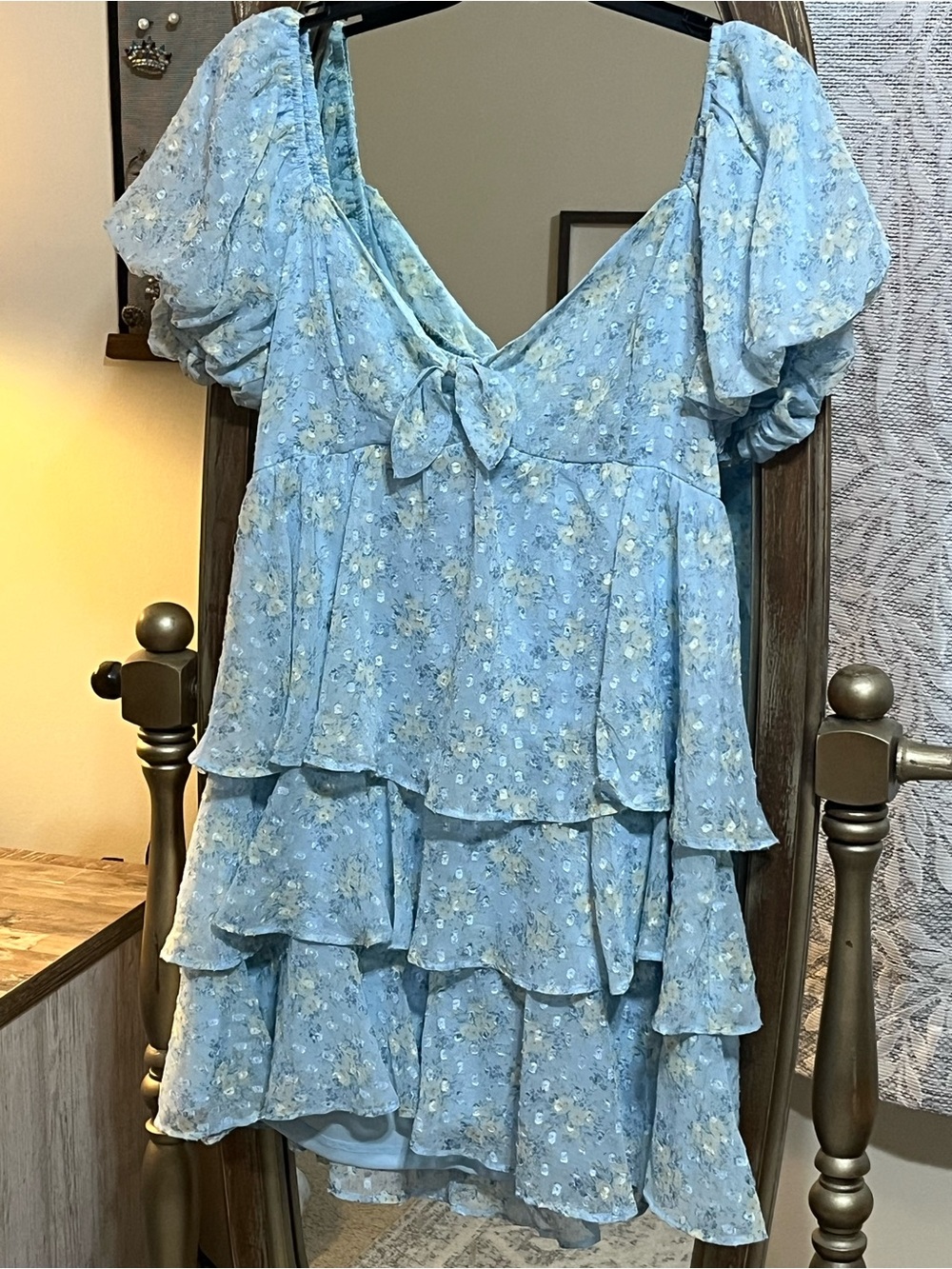 Altar'd State Light Blue Floral Tiered Mini Dress